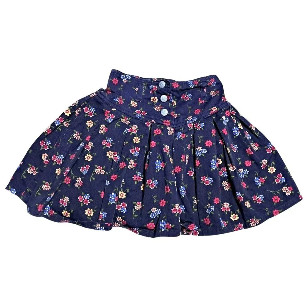 McKids Floral Denim Skirt Girls Size 6 Elastic Waist Dark Blue Cotton Stylish Vi